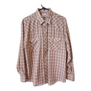 Round-Up Womens Vintage Brown White Plaid Snap-Down Long Sleeve Western Shirt L
